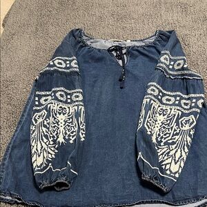 Soft Surroundings Embroidered Indigo Peasant Blouse - White Detail Large